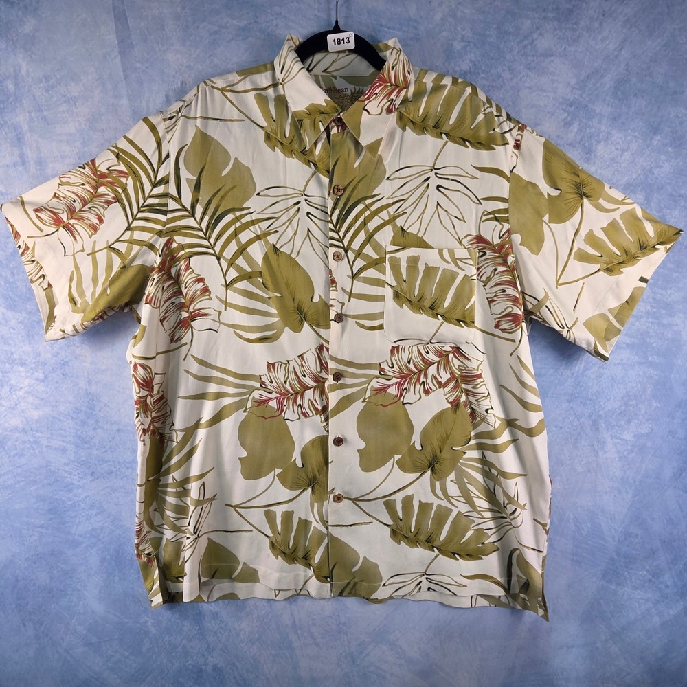 Caribbean Mens XL Silk Cotton Blend Tropical Palm Leaf Button Down Shirt Olive